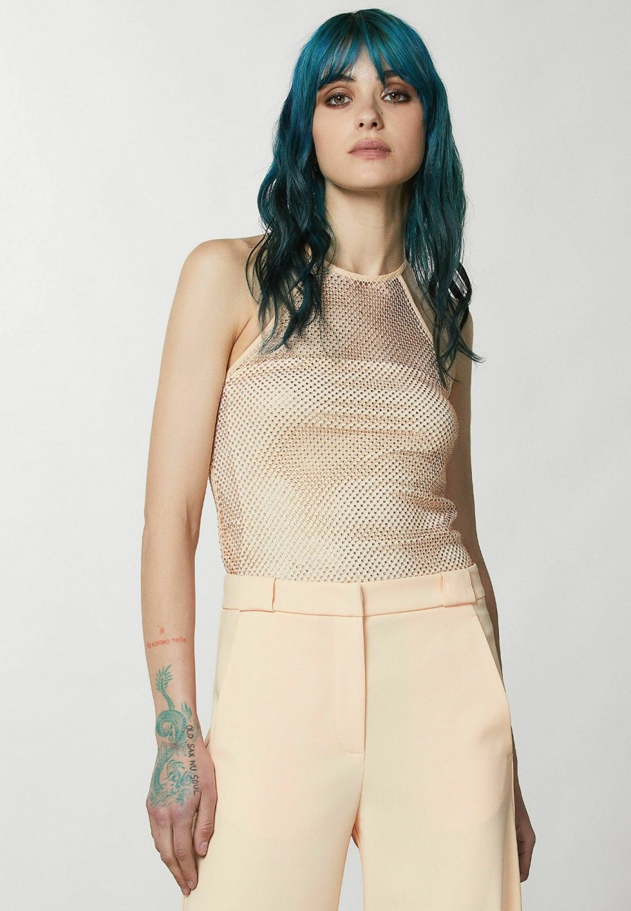 Patrizia Pepe Astral Sleeveless Rhinestone-Embellished Mesh Top Nude | Tops