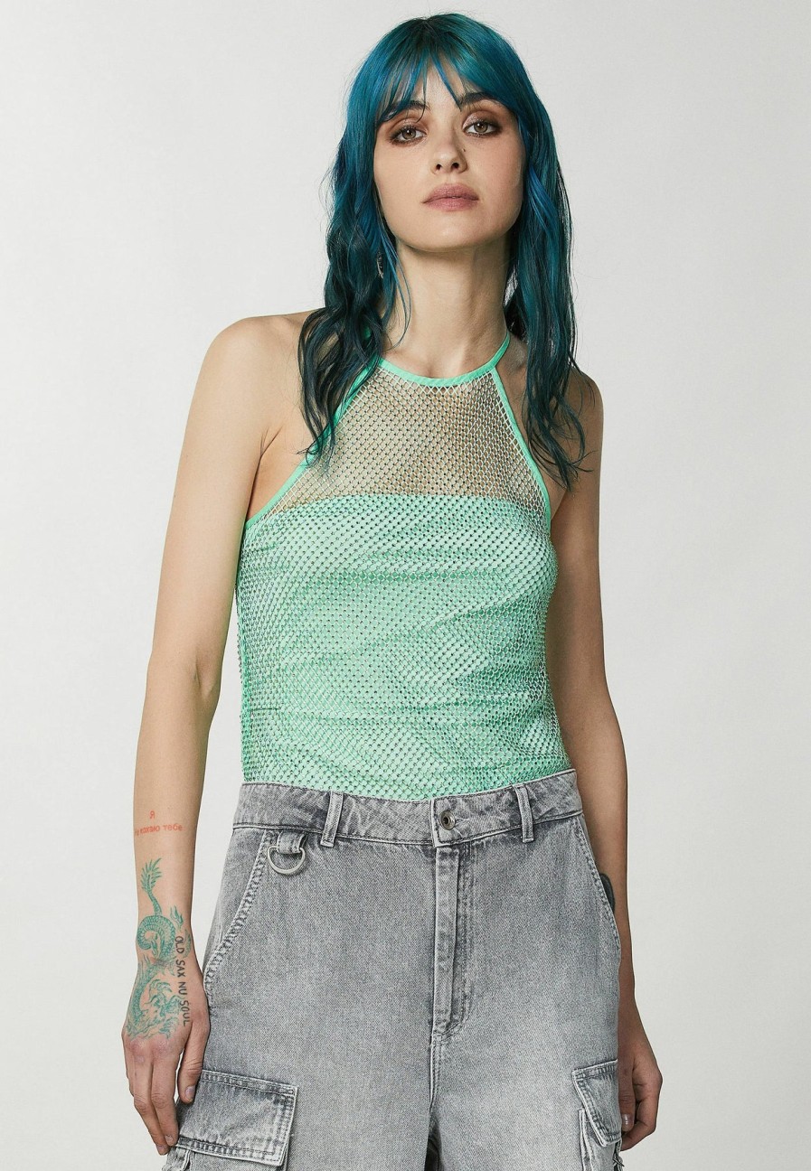 Patrizia Pepe Astral Sleeveless Rhinestone-Embellished Mesh Top Green | Tops