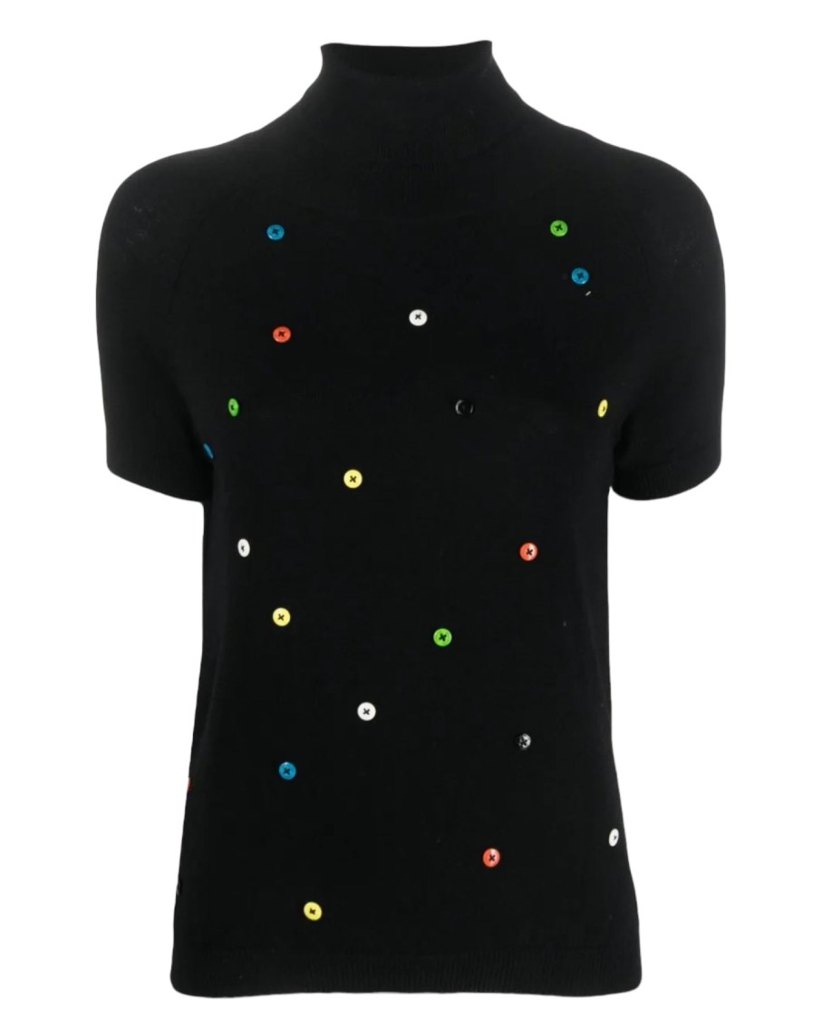 Alessandro Enriquez Short Sleeved Black Tutleneck Knit With Multiolor Uno Buttons | Tops