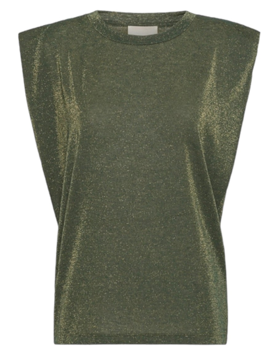 Momoni Enna Lurex Jersey Top Forest Green | Tops