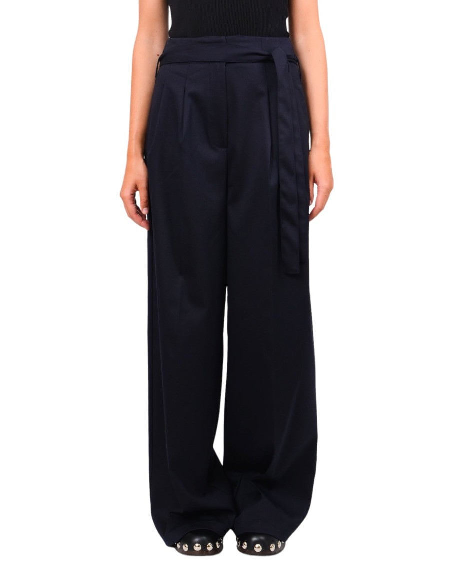 SemiCouture Patty Palazzo Flannel Trousers Navy | Businesswear